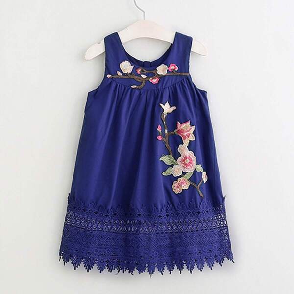 

Toddler Girls Appliques Contrast Lace Denim Dress, Navy
