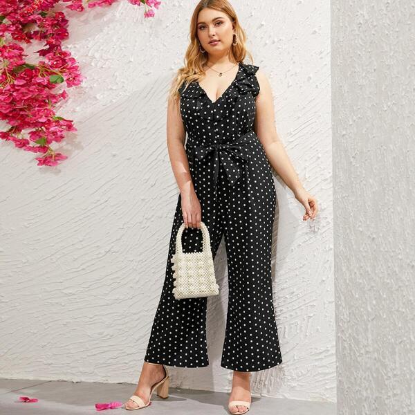 

Plus Polka Dot Ruffle Belted Jumpsuit