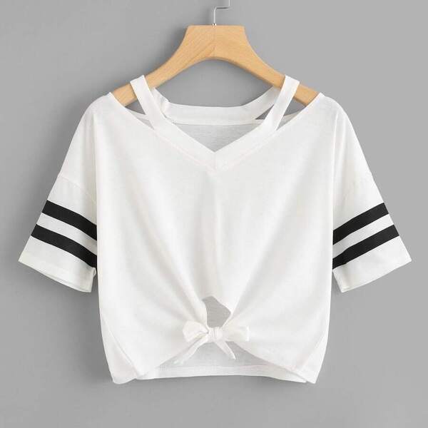

Plus Striped Sleeve Cut Out Knot Hem Tee