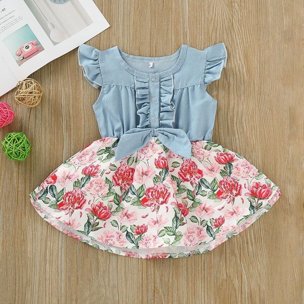 

Toddler Girls Floral Print Frill Trim Combo Dress, Multicolor