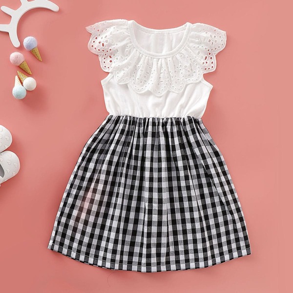 

Toddler Girls Gingham Eyelet Embroidery A-line Dress, Black and white