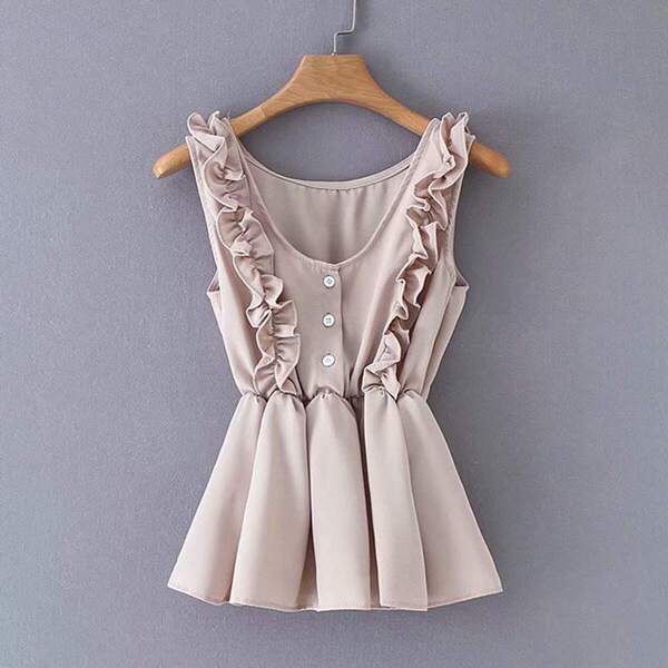 

Half Button Frill Trim Peplum Blouse