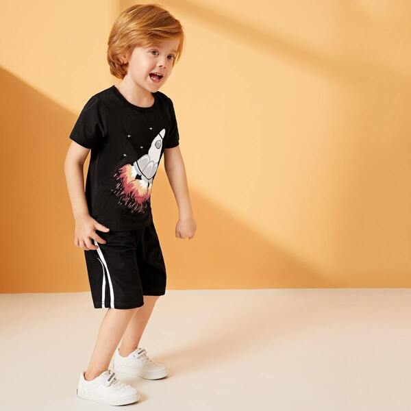 

Toddler Boys Rocket Print Tee With Side Stripe Shorts, Black