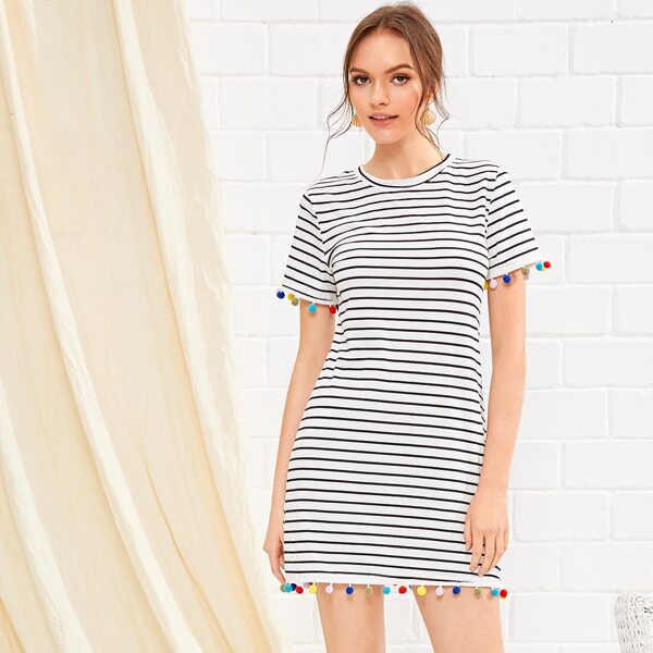 

Contrast Pom Pom Striped Dress