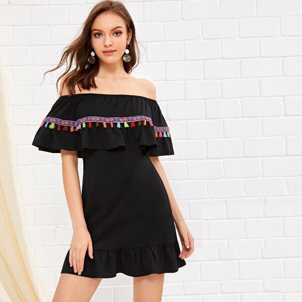 

Contrast Fringe Ruffle Trim Bardot Dress, Black