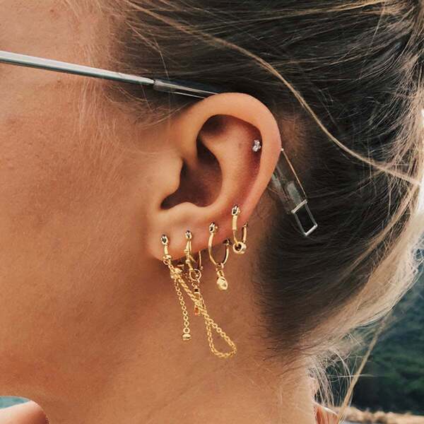 

Ring & Chain Pendant Cut Hoop Earrings 4pcs, Gold