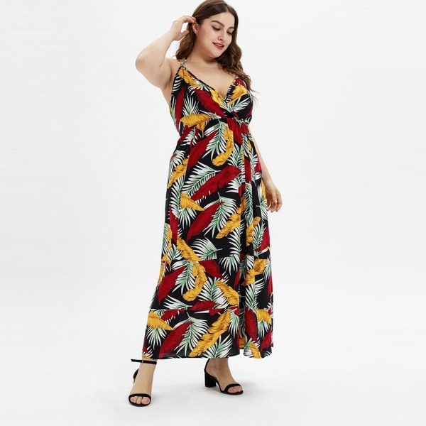 

Plus Leaf Print Cami Dress, Multicolor