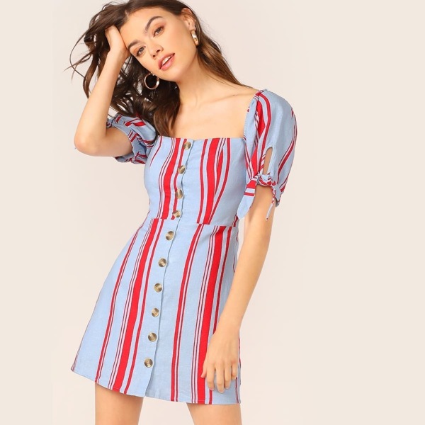 

Button Front Striped Smocked Puff Sleeve Dress, Multicolor