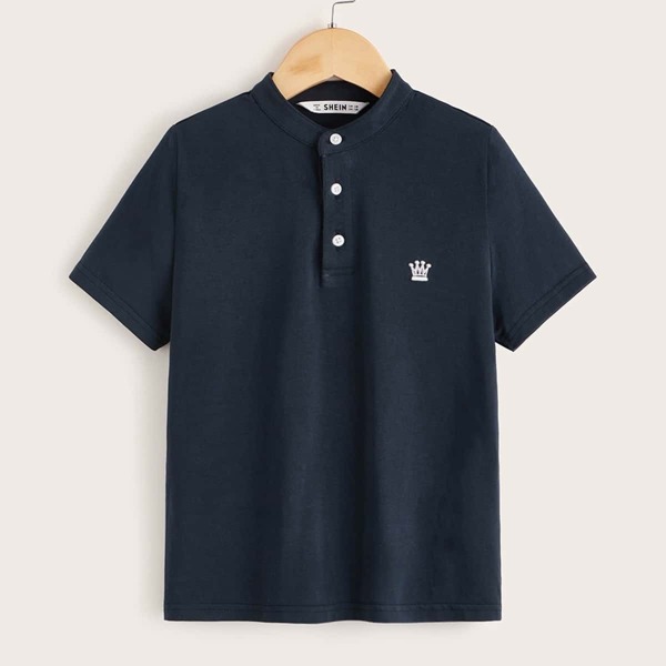 

Boys Stand Collar Crown Embroidered Polo Shirt, Navy