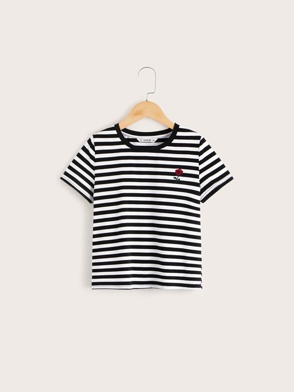 

Boys Rose Embroidered Striped T-shirt, Black and white