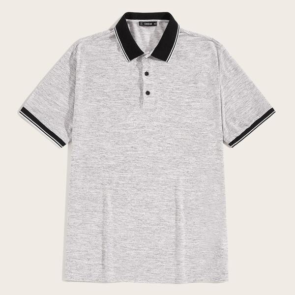 

Men Striped Trim Marled Knit Polo Shirt