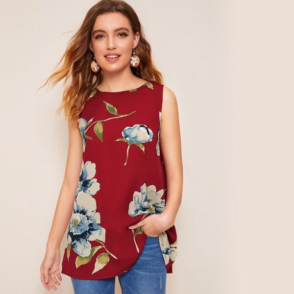 

Flower Print Shell Top, Burgundy