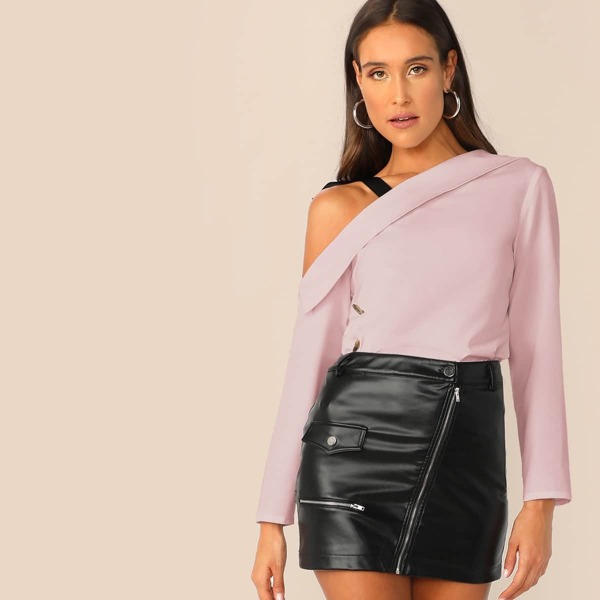 

Foldover Asymmetric Shoulder Button Detail Blouse, Pink