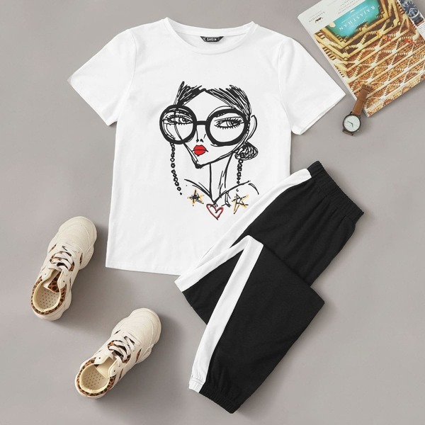 

Figure Print Tee & Contrast Side Seam Sweatpants Set