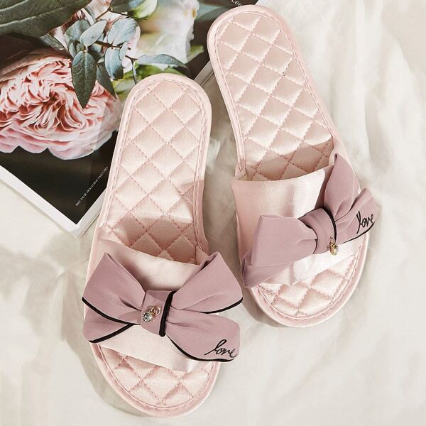 

Bow Decor Quilted Detail Slippers, Pink