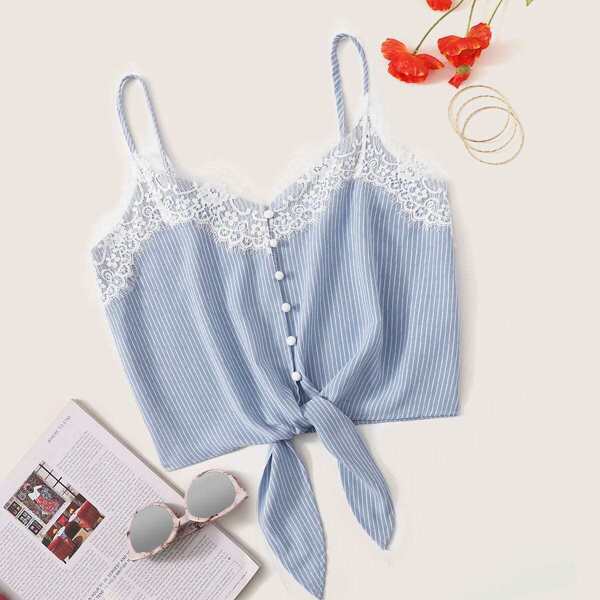 

Lace Trim Button Front Knot Hem Cami Top, Blue