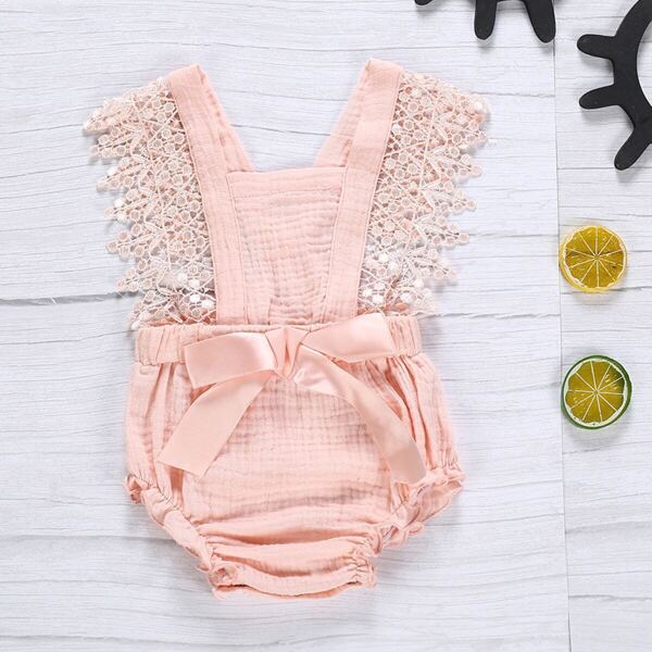 

Baby Contrast Lace Bow Front Frill Romper, Pink