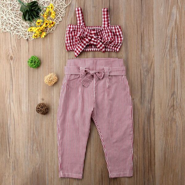 

Toddler Girl Gingham Top With Striped Pants, Red
