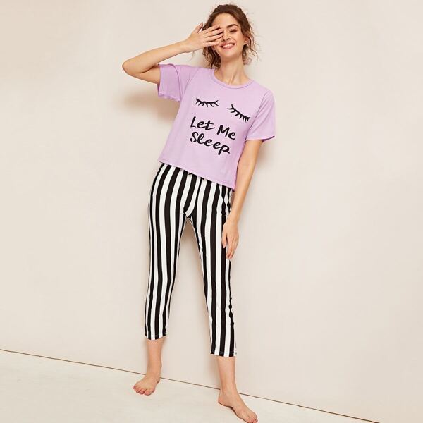 

Eyelash & Letter Print Striped Pajama Set