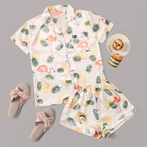 

Flamingo & Tropical Print Pajama Set