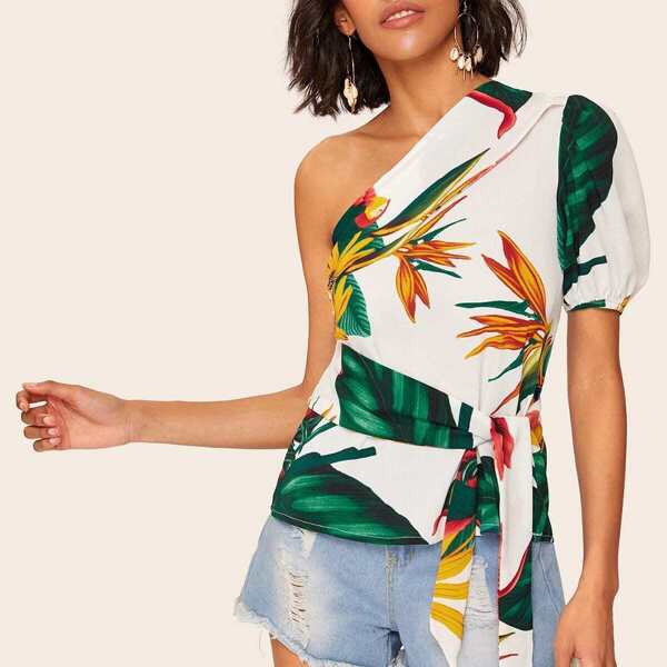 

One Shoulder Floral Print Blouse
