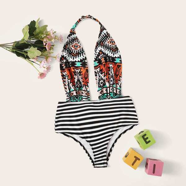 

Girls Graphic & Striped Backless One Piece Swimsuit