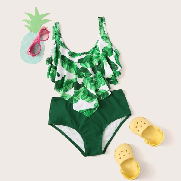 

Girls Random Leaf Print Hanky Hem Bikini Set