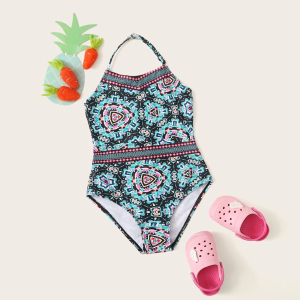 

Girls Random Graphic Halter One Piece Swimsuit