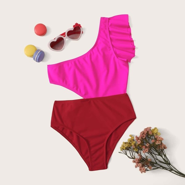 

Girls Neon Pink Two Tone Asymmetrical One Piece Swimsuit