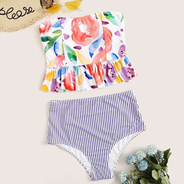 

Random Watercolor Print Peplum Bandeau Tankinis Set, Multicolor