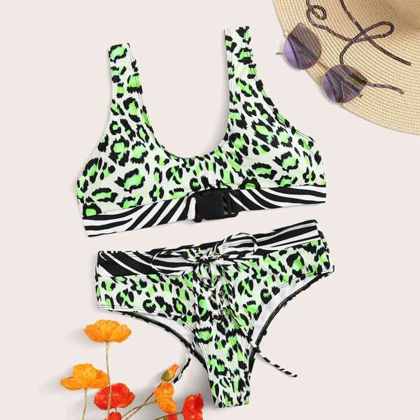 

Zebra & Leopard Buckle Top With Lace-up Bikini Set
