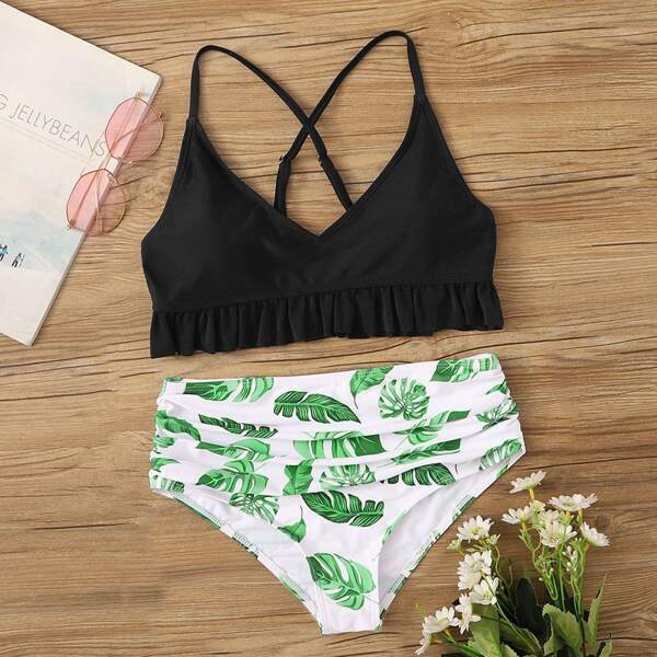 

Ruffle Hem Top With Random Leaf Print Bikini