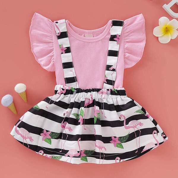 

Baby Girls Ruffle Bodysuit With Stripe & Crane Print Pinafore Skirt