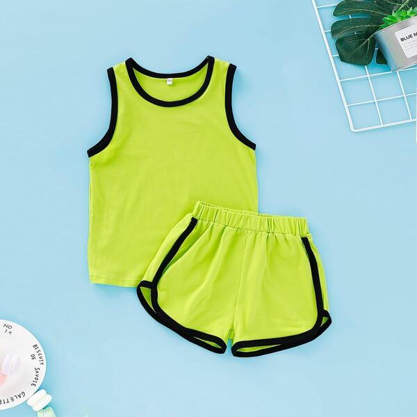 

Toddler Boys Neon Green Binding Trim Tank Top With Dolphin Shorts