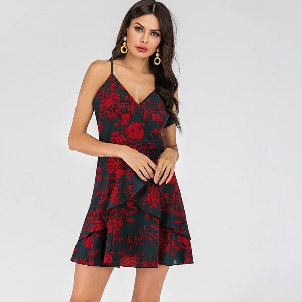 

Floral Print Layer Ruffle Hem Criss Cross Cami Dress