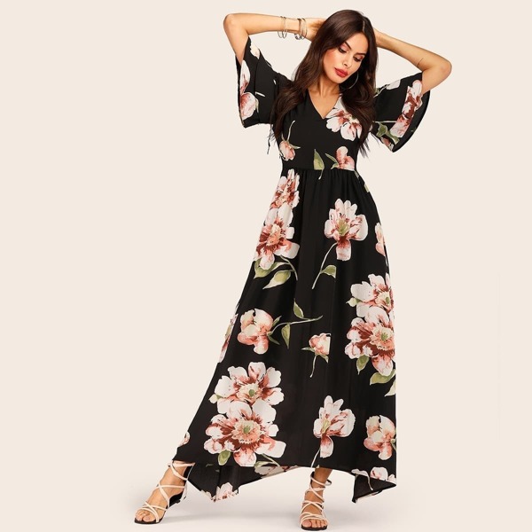 

Large Floral Print Hanky Hem Dress, Multicolor