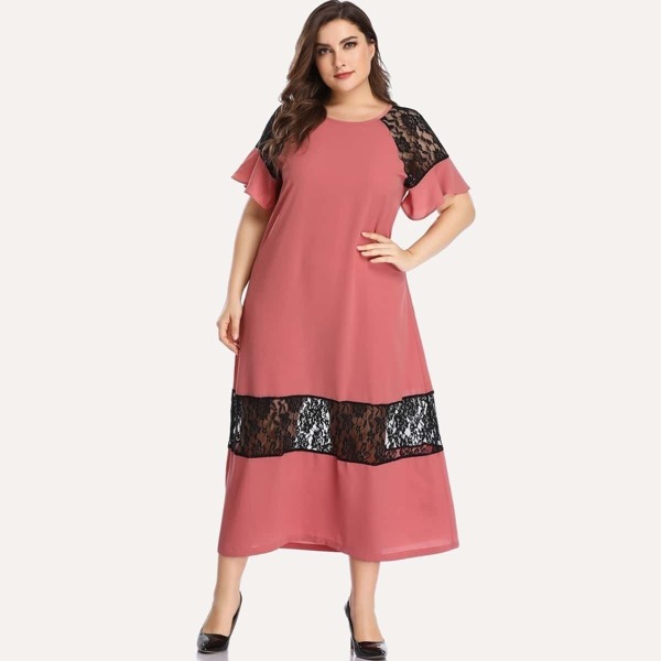 

Plus Lace Panel Flounce Sleeve Dress