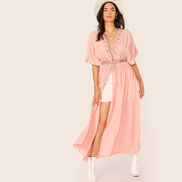 

Embroidered Mesh Trim Tie Front Kimono, Pink