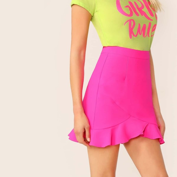 

Neon Pink Wrap Ruffle Trim Skirt, Pink bright
