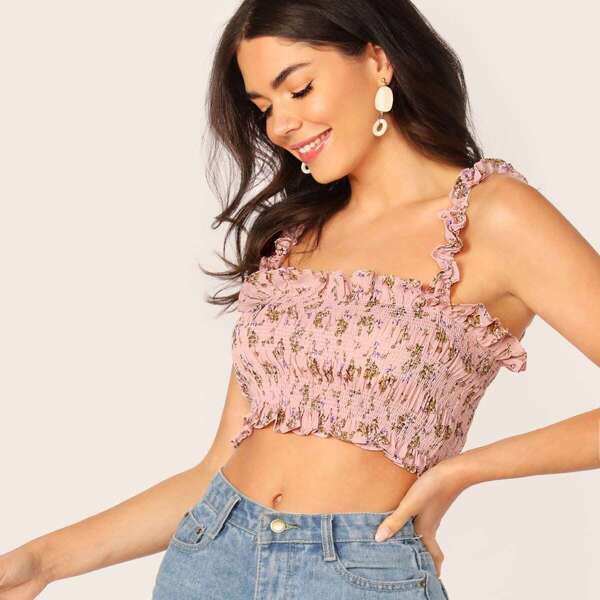 

Crop Frill Trim Shirred Ditsy Floral Top, Pink
