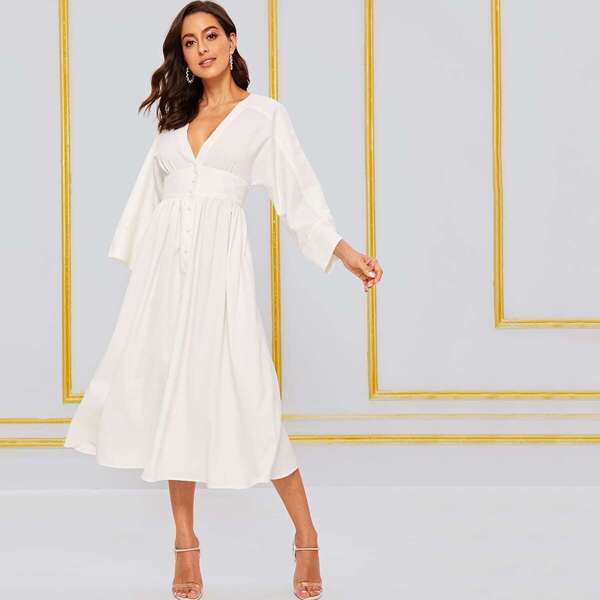 

Plunging Neck Button Front Midi Dress, White