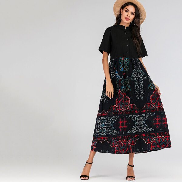 

Graphic Print Button Half Placket Maxi Dress