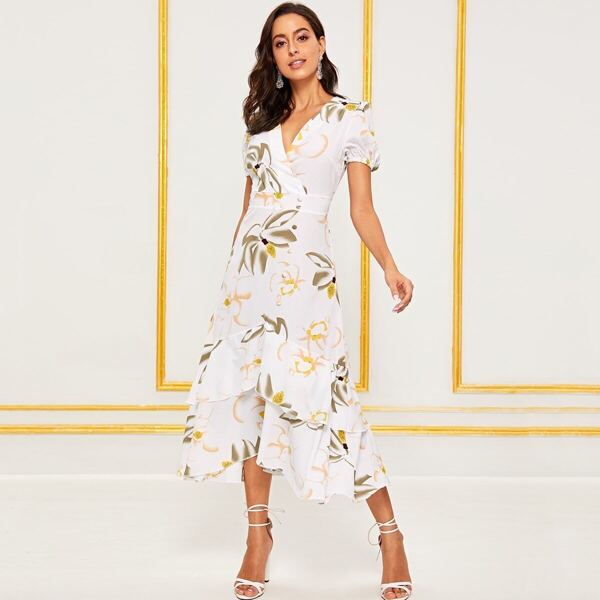 

Floral Print Button Trim Bishop Sleeve Long Dress