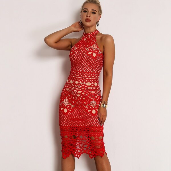 

Open Back Guipure Lace Halter Dress, Red