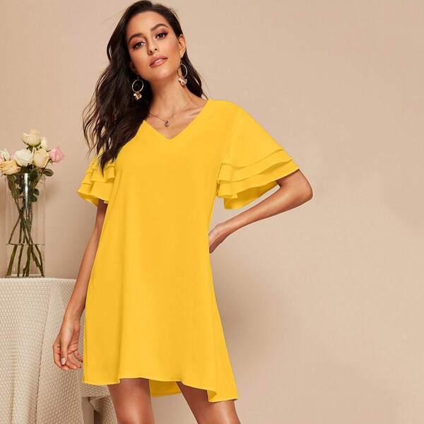

Layered Flutter Sleeve Solid Dress, Yellow