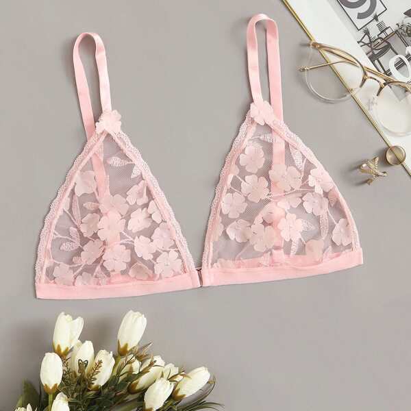 

Flower Applique Sheer Bralette, Pink