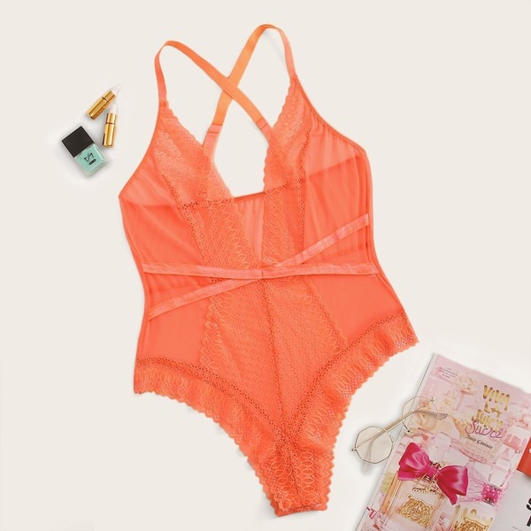 

Plus Contrast Lace Criss Cross Teddy Bodysuit, Orange