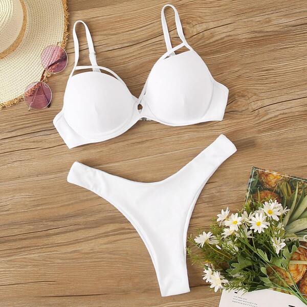 

Criss Cross Underwire Top With High Leg Bikini, White