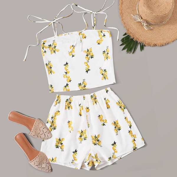 

Fruit Print Tie Shoulder Top and Shorts Set