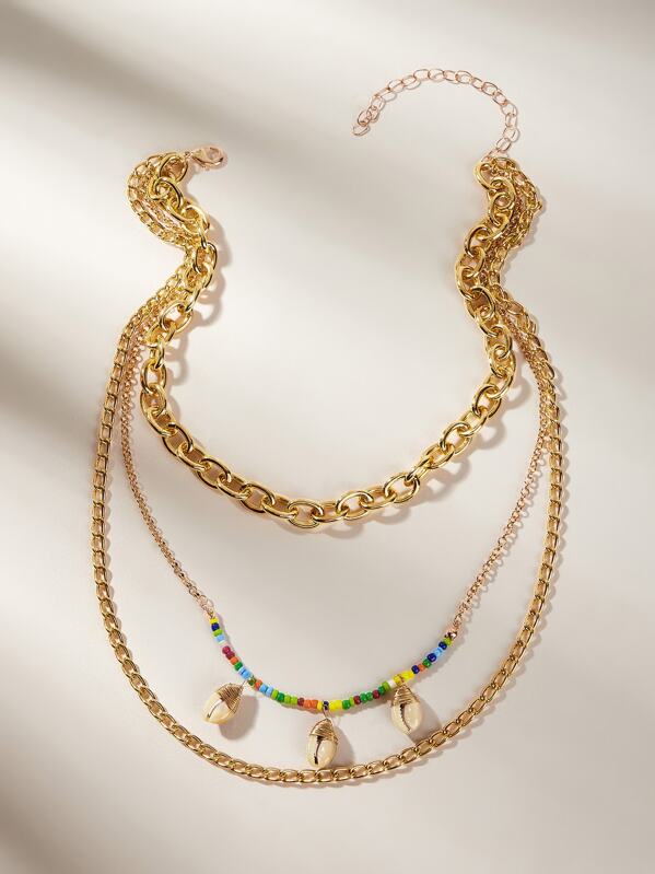 

Shell & Bead Decor Цепочка с многослойной подвеской, ожерелье 1шт, null